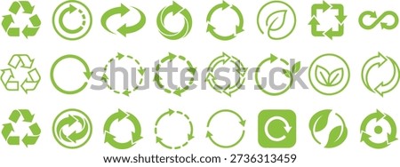 Recycling icon set, with circular arrows eco sustainability symbols