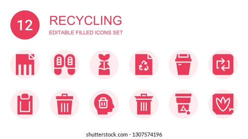 recycling icon set. Collection of 12 filled recycling icons included Delete, Footprints, Reuse, Recycle, Trash, Padnote, Bin, Repeat, Footprint