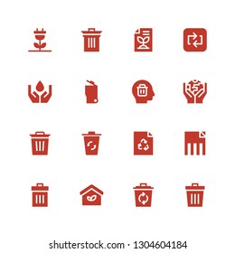 recycling icon set. Collection of 16 filled recycling icons included Trash, Recycle, Eco house, Delete, Recycling bin, Ecology, Garbage, Repeat, Recycled paper, Bin, Renewable energy
