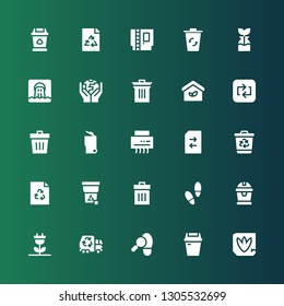 recycling icon set. Collection of 25 filled recycling icons included Footprint, Trash, Garbage truck, Renewable energy, Garbage, Recycle, Recycling bin, Change, Shredder, Repeat