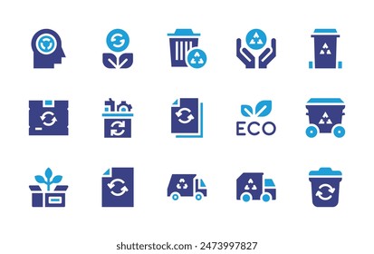 Recycling icon set. Duotone color. Vector illustration. Containing recyclingtruck, papersheet, package, metal, ecofriendly, recycling, recyclingbin, recycledpaper, recyclebin.