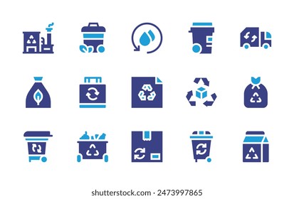 Recycling icon set. Duotone color. Vector illustration. Containing factory, recyclable, watercycle, ecopackaging, recycled, trash, recyclingbin, recyclingpaper, recycledbag, recyclecan, recyclebin.