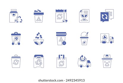 Recycling icon set. Duotone style line stroke and bold. Vector illustration. Containing ecopackaging, recycledpaper, recyclingtruck, recycle, recycling, recyclebag, recyclebin.