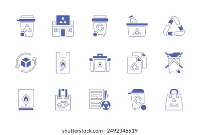 Recycling icon set. Duotone style line stroke and bold. Vector illustration. Containing recycled, ecopackaging, recyclingbin, recycledbag, recycledplasticbag, recyclable, recycle.