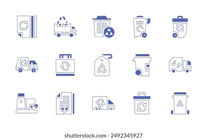 Recycling icon set. Duotone style line stroke and bold. Vector illustration. Containing recycledbag, recyclingtruck, recyclingplant, recyclebag, recyclebin, recycledpaper, paperrecycle.