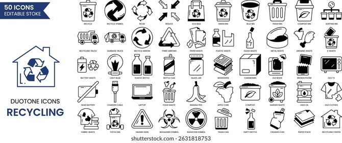 Recycling icon set in duotone style. Vector illustration