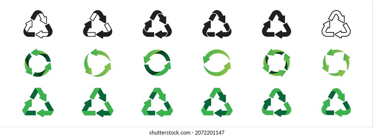 Recycling icon set. Green Triangle recycle symbol vector icon set. Circle reusable material eco friendly sign design. Vector stock illustration.