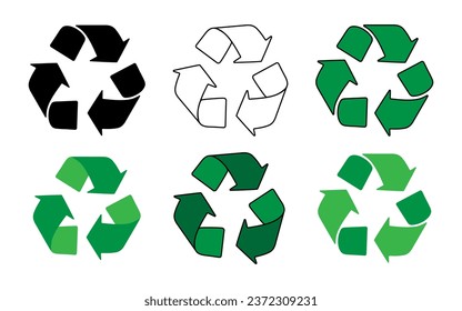 Recycling icon set. Infinitely rotating arrow. Recycled reuse concept. Recycling symbol sign. Vector recycle and rotation arrow icons set. Universal recycling symbol. Three chasing arrows.