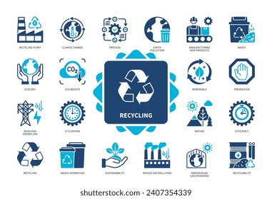 Symbol-Set für Recycling-Symbol. Recyclinganlage, Effizienz, Erneuerbare Energien, Vermeidung, Nachhaltigkeit, Ökologie, Klimawandel, Abfalltrennung. Duotone-Farbsymbole