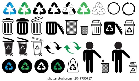 recycling icon set, recycle vector illustration, trash icon, recycling logo, eco bag, bin, trash cart, trash can, packaging signs, organic waste, plastic, paper ball, Pollution, circle arrows, man rec