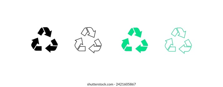 Recycling icon set. Silhouette, linear and flat style. Vector icons