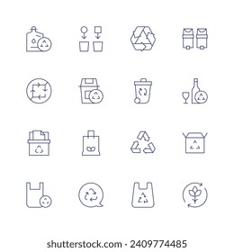 Recycling icon set. Thin line icon. Editable stroke. Containing recycle, no recyclable, recycling, recycle bin, glass recycling, eco packaging, recycled, recycling bin.