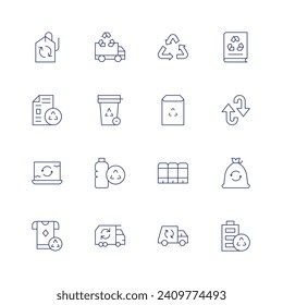 Recycling icon set. Thin line icon. Editable stroke. Containing price tag, recycle, recycling, recyclable, recycling truck, recycle bin, garbage truck, eco packaging.