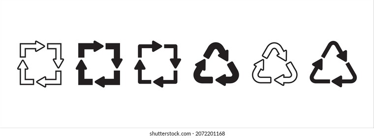 Recycling icon set. Triangle and square recycle symbol vector icon set. Circle reusable material eco friendly sign design. Vector stock illustration.