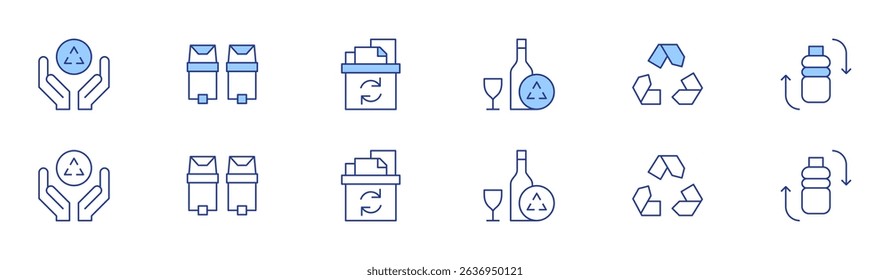 Recycling icon set in two styles, Duotone and Thin Line style. Editable stroke. recycling bin, glass recycling, recycling, paper, plastic bottle.