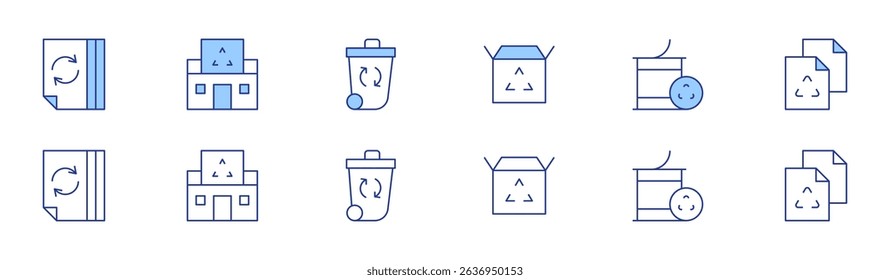 Recycling icon set in two styles, Duotone and Thin Line style. Editable stroke. paper recycle, recycled, recycling center, recycling, recycling bin, recyclable.