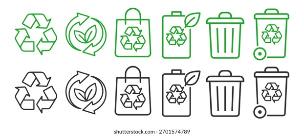 Conjunto de ícones de reciclagem. Lixeira, reutilização e recolha de símbolos ambientais ecológicos em fundo transparente