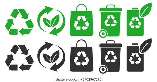Conjunto de ícones de reciclagem. Lixeira, reutilização e recolha de símbolos ambientais ecológicos em fundo transparente