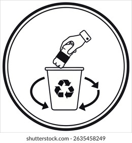 Recycling icon vector art features a person throwing a bottle into a bin, promoting green eco-friendly waste management in a minimalist style, perfect for  environmental awareness campaigns.