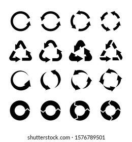 Recycling icons. Black circle arrows environmental labels. Bio garbage, biodegradable waste and reuse trash, ecology pictograms isolated vector logo of recycleable product set