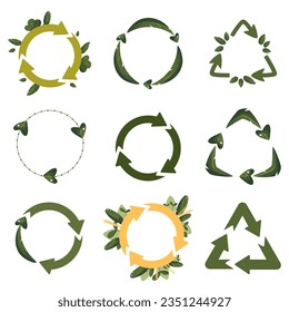 Recycling icons. Circle arrows, product reuse and ecology symbols, environmental protection logo. Collection of green recycling signs decorated with leaves on a white background.