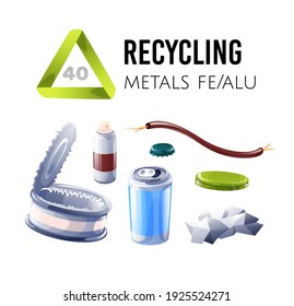 Recycling icons. Different metallic types of reusable garbage. Vector illustrations with recycling codes isolated on white