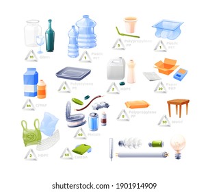 Reciclando iconos. Diferentes tipos de basura reutilizable. Ilustraciones de vectores con códigos de reciclado aislados en blanco