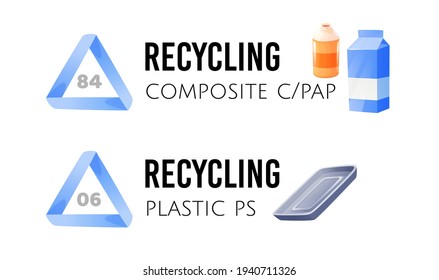 Reciclando iconos. Diferentes tipos de basura reutilizable. Papanicolau c compuesto y poliestireno ps. Ilustraciones de vectores con códigos de reciclado aislados en blanco