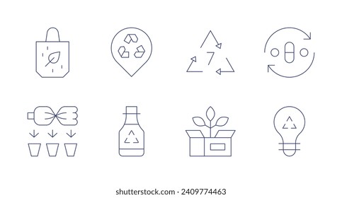 Wiederverwertung von Symbolen. Bearbeitbarer Strich. Wiederverwendbar, Recycling, Recycling, Platzhalter, recycelt, andere Verpackungen.