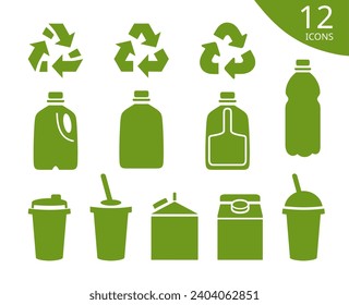 Iconos de reciclaje, incluidos cartón y embalaje de bebidas plásticas. Conjunto de 12 pictogramas en silueta verde. Clasificación y reciclado de desechos. Consumismo responsable. Para sitios web y aplicaciones móviles