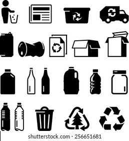 Recycling icons including paper, glass, aluminum, cardboard and plastic.