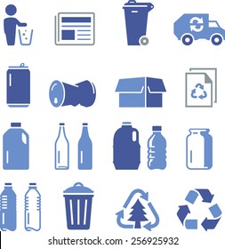 Recycling icons including paper, glass, aluminum, cardboard and plastic. 