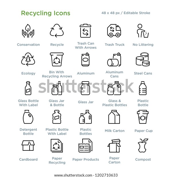 Recycling Icons - Outline styled icons,\
designed to 48 x 48 pixel grid. Editable\
stroke.
