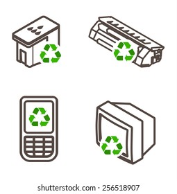 Recycling Icons - Printer Ink Cartridge, Toner Cartridge, Mobile/cellular Phone, And Old Tv/electronics.