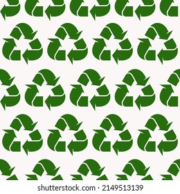 Patrón transparente de iconos de reciclaje. Ilustración vectorial. Impresión verde sobre fondo blanco