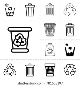 Recycling icons. set of 13 editable outline recycling icons such as trash bin, recycle bin, recycle, bin