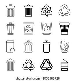 Recycling icons. set of 16 editable outline recycling icons such as trash bin, recycle, recycle bin