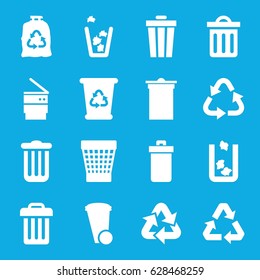 Recycling icons set. set of 16 recycling filled icons such as trash bin, recycle bin, recycle, trash bag