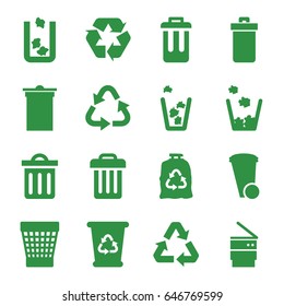 Recycling icons set. set of 16 recycling filled icons such as trash bin, recycle bin, recycle