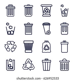 Recycling icons set. set of 16 recycling outline icons such as trash bin, recycle bin, trash bag