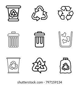 Recycling icons. set of 9 editable outline recycling icons such as recycle bin, recycle, trash bag, bin