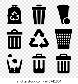 Recycling icons set. set of 9 recycling filled icons such as trash bin, trash bag, delete trash bin, bin