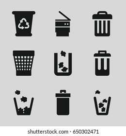 Recycling icons set. set of 9 recycling filled icons such as trash bin, recycle bin