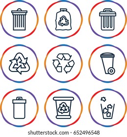 Recycling icons set. set of 9 recycling outline icons such as trash bin, recycle bin, trash bag