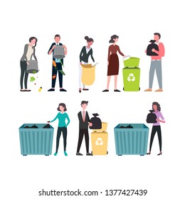 Recycling icons set. Businessman and Businesswoman are dumping garbage. Concept of vector recycling. Flat design