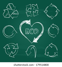 recycling icons set collections. ecological symbols isolated on green chalkboard background. vector illustration 