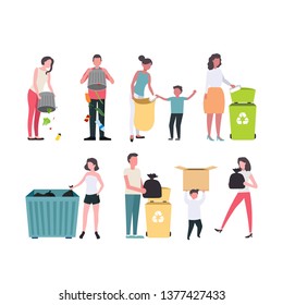 Recycling icons set. people group dump garbage. Concept of vector recycling.