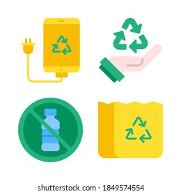 Recycling Icons Set= smartphone, hand recycle, no bottle, recycle paper bag. Perfect for website mobile app, app icons, presentation, illustration and any other projects.