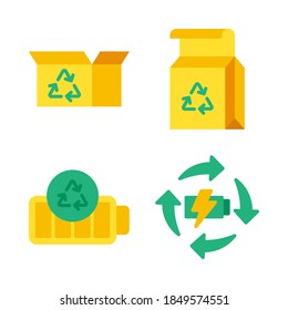 Recycling Icons Set= Unboxing, Milk Box, Recycle Battery, Recycle Thunder. Perfect For Website Mobile App, App Icons, Presentation, Illustration And Any Other Projects.