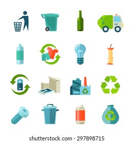 Recycling icons set with waste types and collection flat isolated vector illustration 